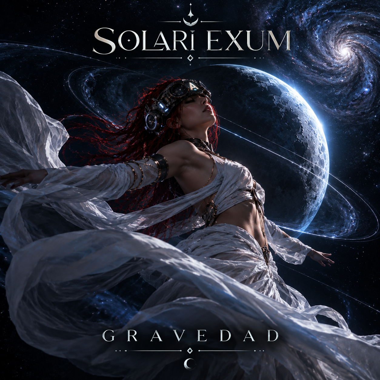 Portada de Gravedad: una androide flota entre telas de seda frente a una luna y una galaxia en espiral