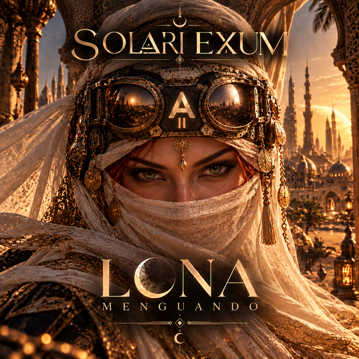 Portada de Luna menguando: una androide con velo y visor dorado frente a una ciudad al atardecer